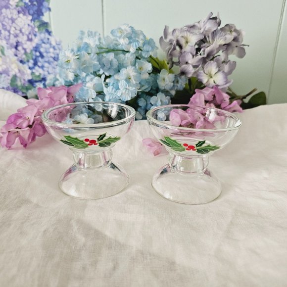 2pc Avon Holiday Hostess Glass Candle Holder Set, Holly Berry, Vintage - Picture 3 of 8